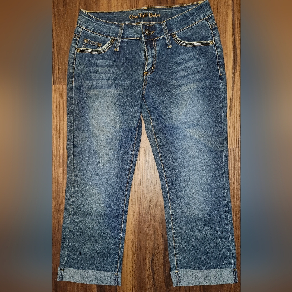Juniors Sz 7/8 One Tuff Babe Y2K Rolled Cuff Ankle Jeans gently worn